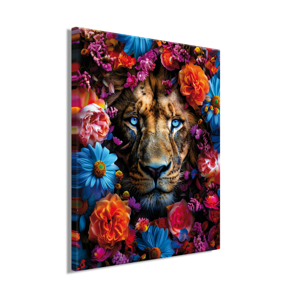 Wandbild LÖWE BLUMENKRANZ XXL 118x140 cm – Leinwandbild Keilrahmen Deko modern - Seitenansicht