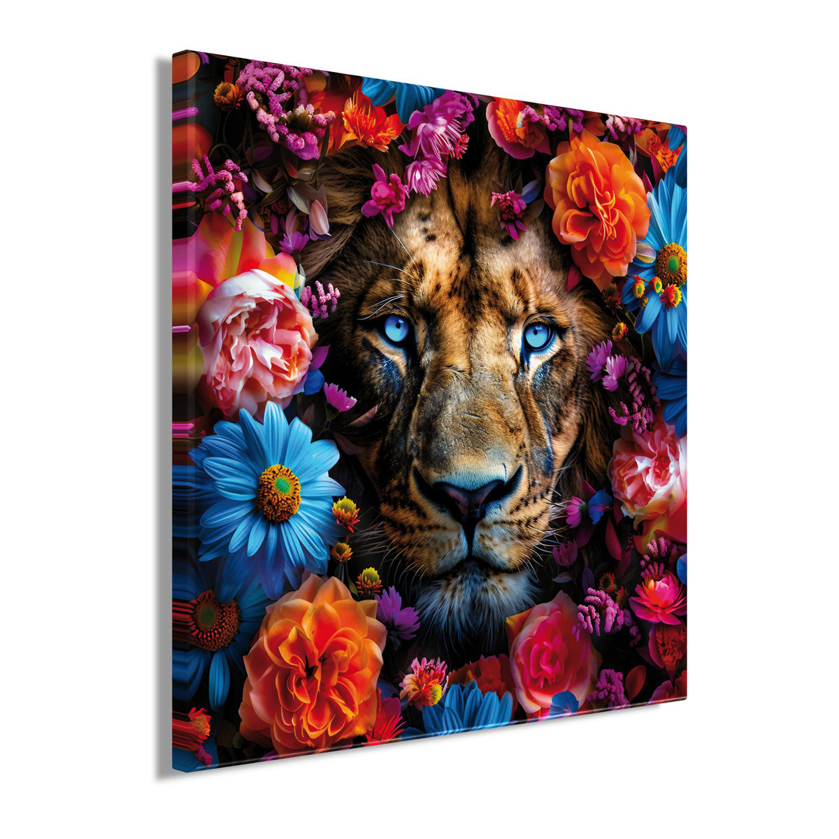Wandbild LÖWE MIT BUNTEN BLUMEN 35x35 cm – Leinwandbild Keilrahmen Deko modern - Seitenansicht