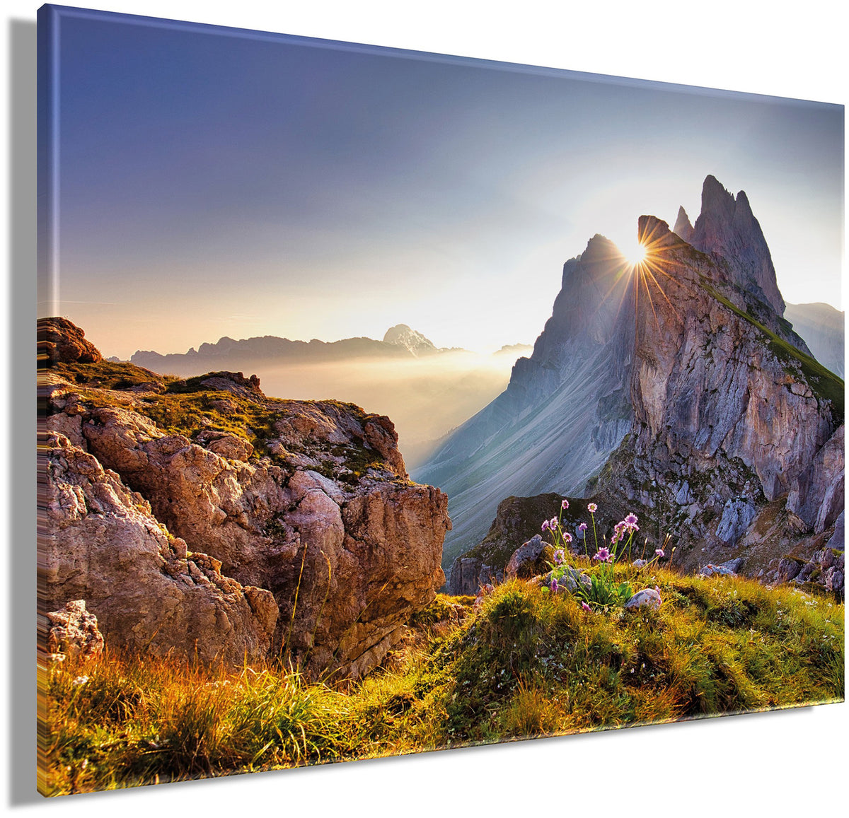 Wandbild BERGE SONNENAUFGANG 46x61 cm – Leinwandbild Keilrahmen Deko modern - Seitenansicht