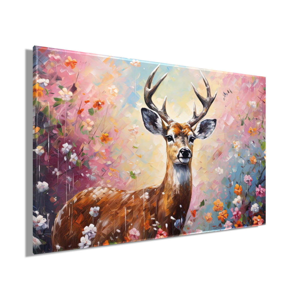 Wandbild HIRSCH IN BLUMEN 60x90 cm – Leinwandbild Keilrahmen Deko modern - Seitenansicht