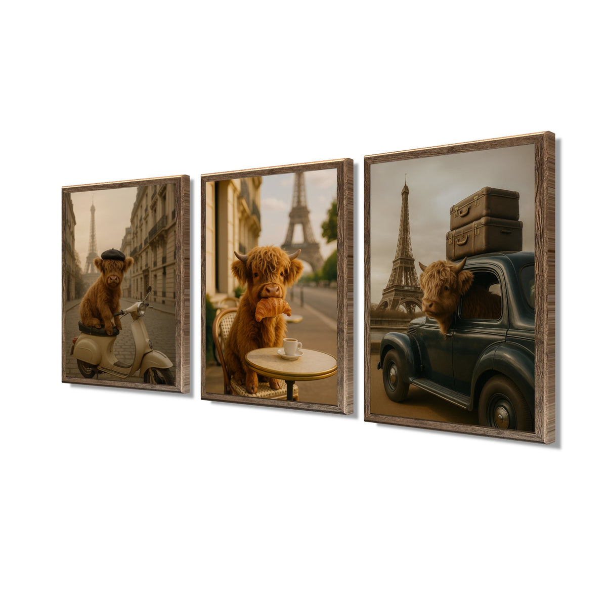 3er-Set gerahmte Bilder HOCHLANDRIND PARIS 3x30x40 cm – Lustige Wanddeko - Seitenansicht