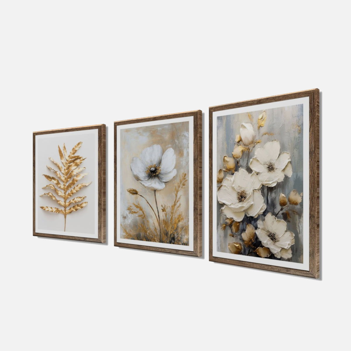3er-Set gerahmte Bilder BLUMEN GOLD 3x30x40 cm – Elegante Wanddeko - Seitenansicht
