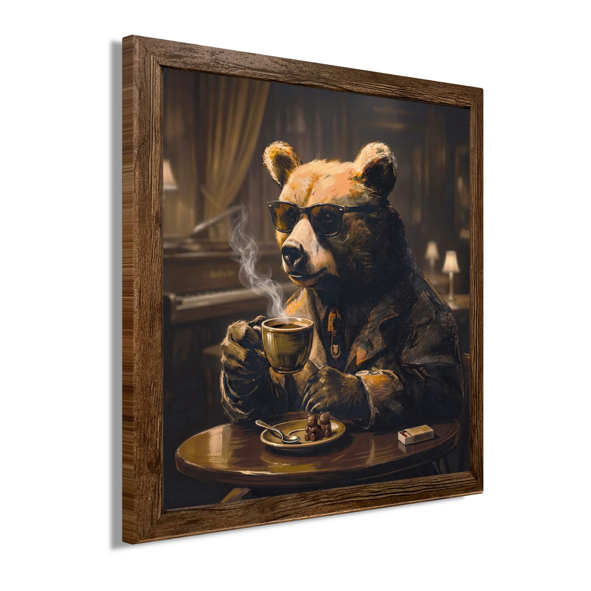 Wandbild gerahmt BÄR MIT KAFFEE 35x35 cm – Tierbild Natur Wanddeko - Seitenansicht