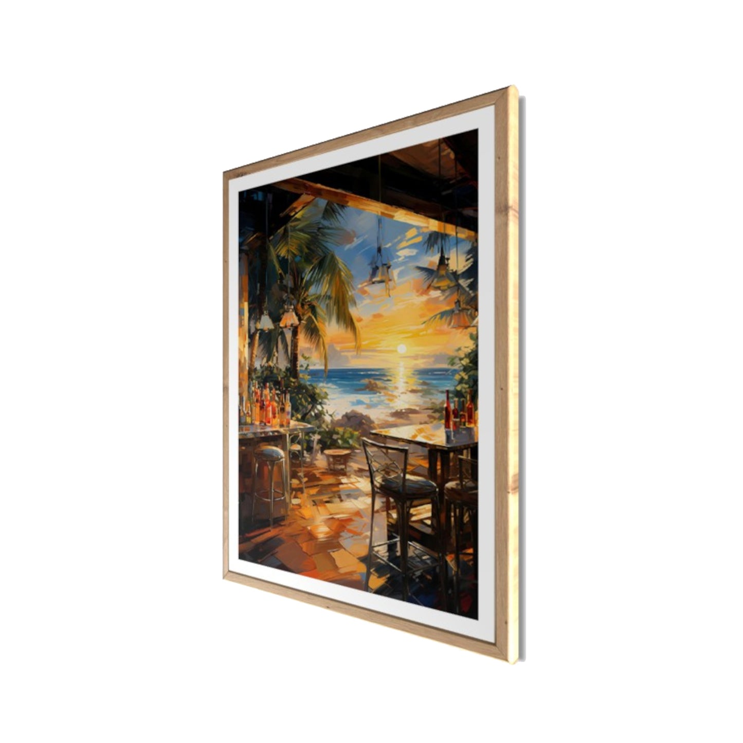 Wandbild gerahmt STRANDBAR 50x70 cm – Sommerliches Küstenmotiv mit Palmen - Seitenansicht
