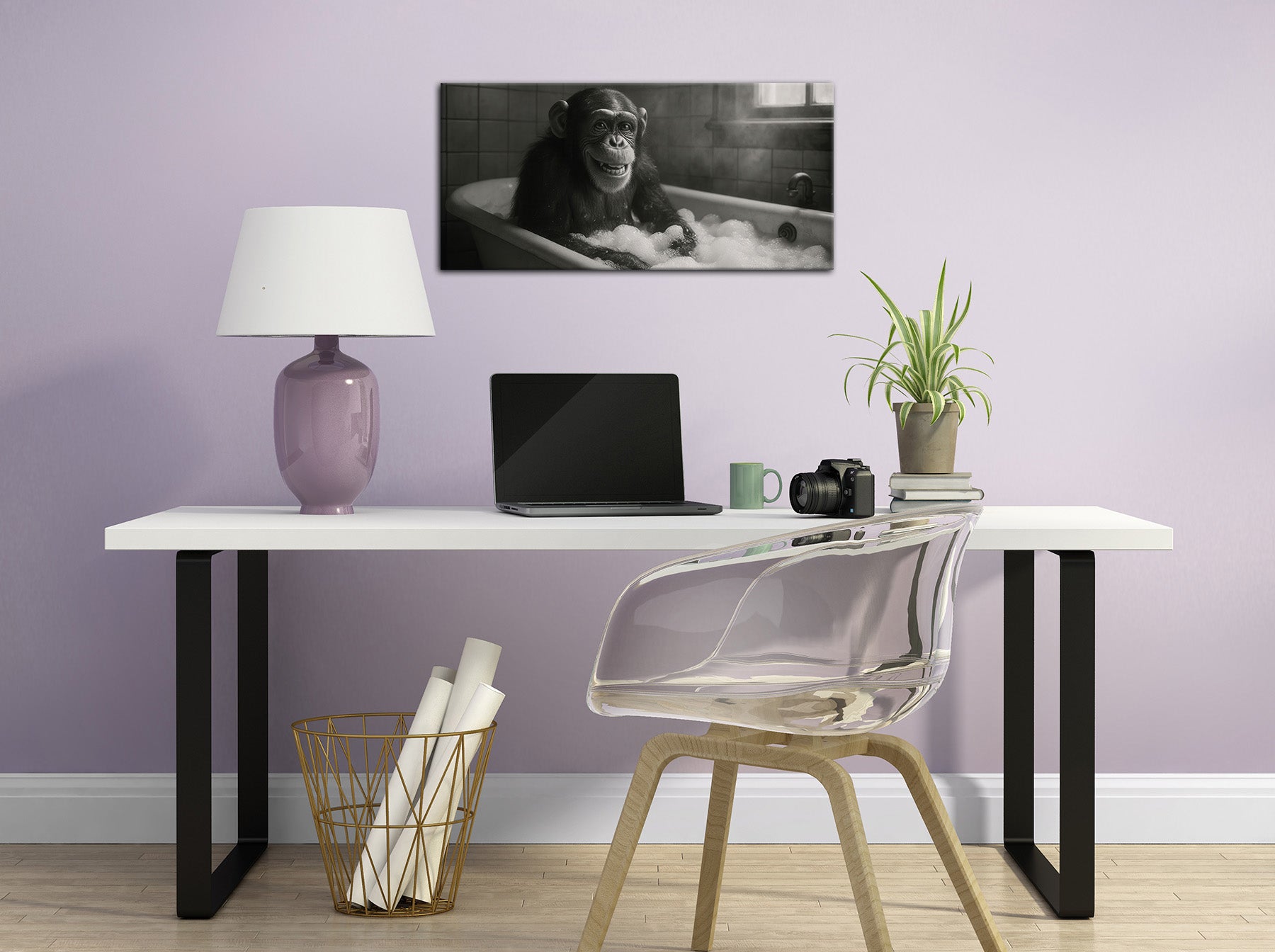 Wandbild SCHIMPANSE IM BAD 33x70 cm – Leinwandbild Keilrahmen Deko modern - Ambiente 1