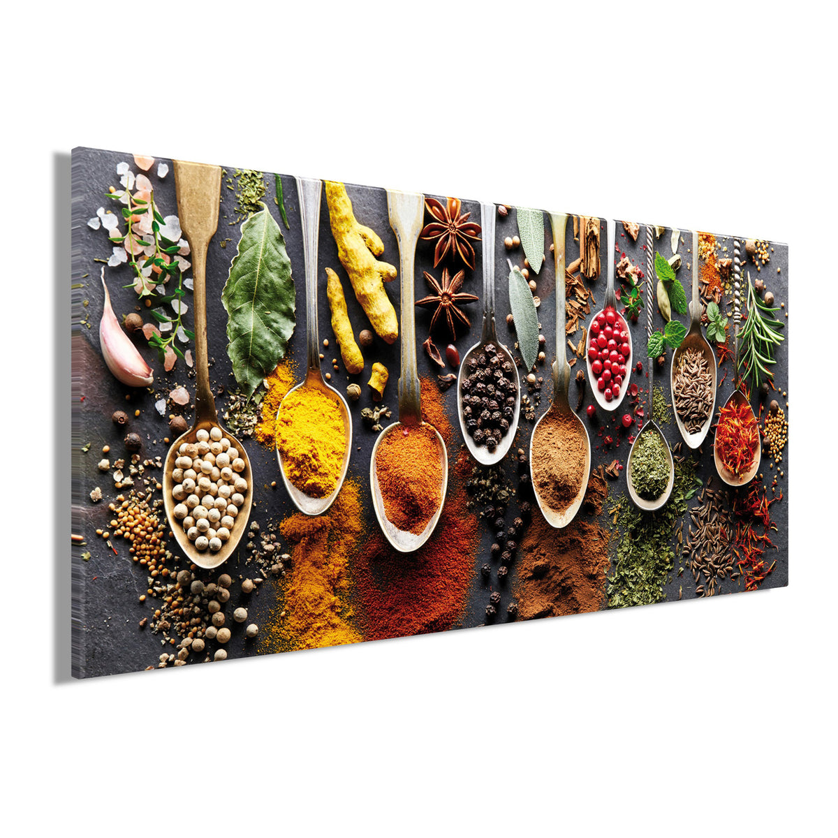 Wandbild GEWÜRZE AUF LÖFFELN 33x70 cm – Leinwandbild Keilrahmen Deko modern - Seitenansicht