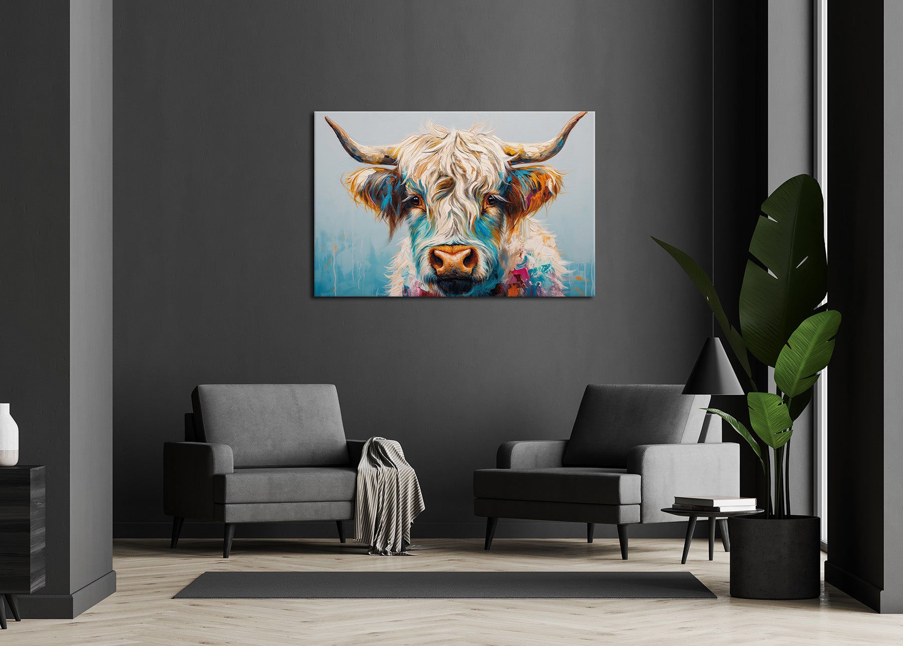Wandbild BUNTES HOCHLANDRIND 78x118 cm – Leinwandbild Keilrahmen Deko modern - Ambiente 1