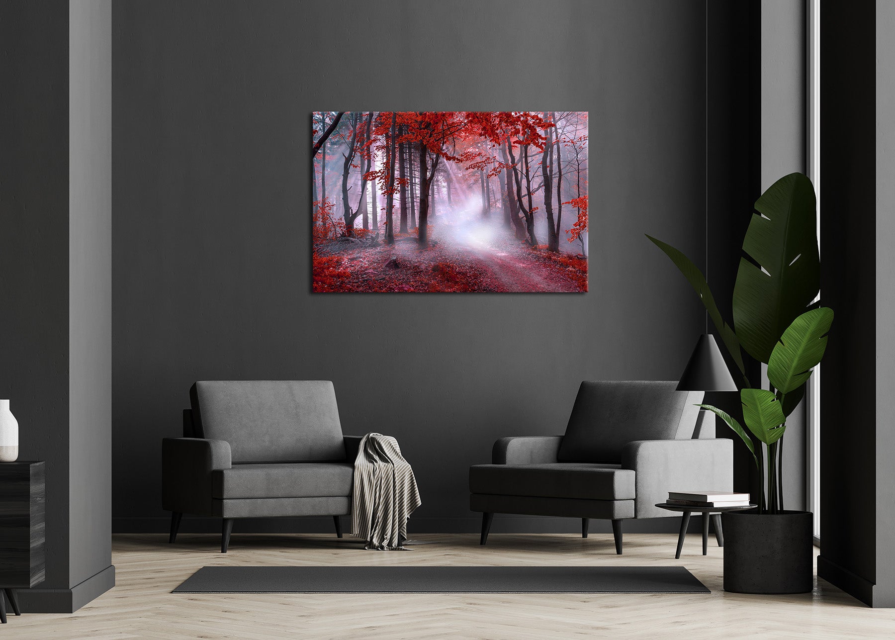 Wandbild NEBEL IM ROTEN WALD 78x118 cm – Leinwandbild Keilrahmen Deko modern - Ambiente 1