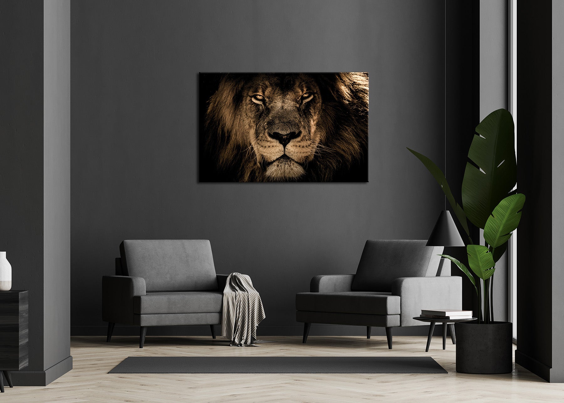 Wandbild LÖWENKOPF 78x118 cm – Leinwandbild Keilrahmen Deko modern - Ambiente 1