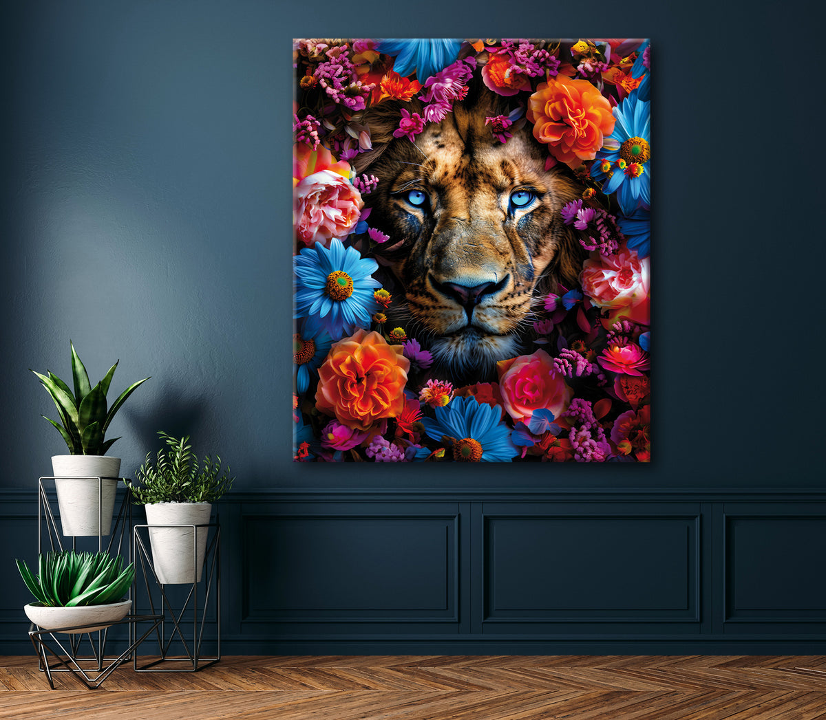 Wandbild LÖWE BLUMENKRANZ XXL 118x140 cm – Leinwandbild Keilrahmen Deko modern - Ambiente 1