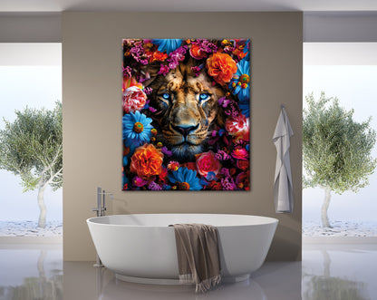 Wandbild LÖWE BLUMENKRANZ XXL 118x140 cm – Leinwandbild Keilrahmen Deko modern - Ambiente 2