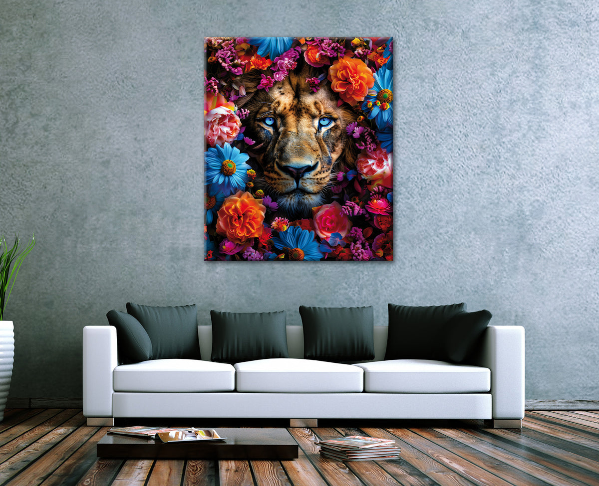Wandbild LÖWE BLUMENKRANZ XXL 118x140 cm – Leinwandbild Keilrahmen Deko modern - Ambiente 3