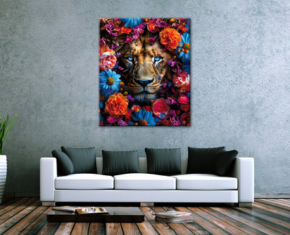 Wandbild LÖWE BLUMENKRANZ XXL 118x140 cm – Leinwandbild Keilrahmen Deko modern - Ambiente 3