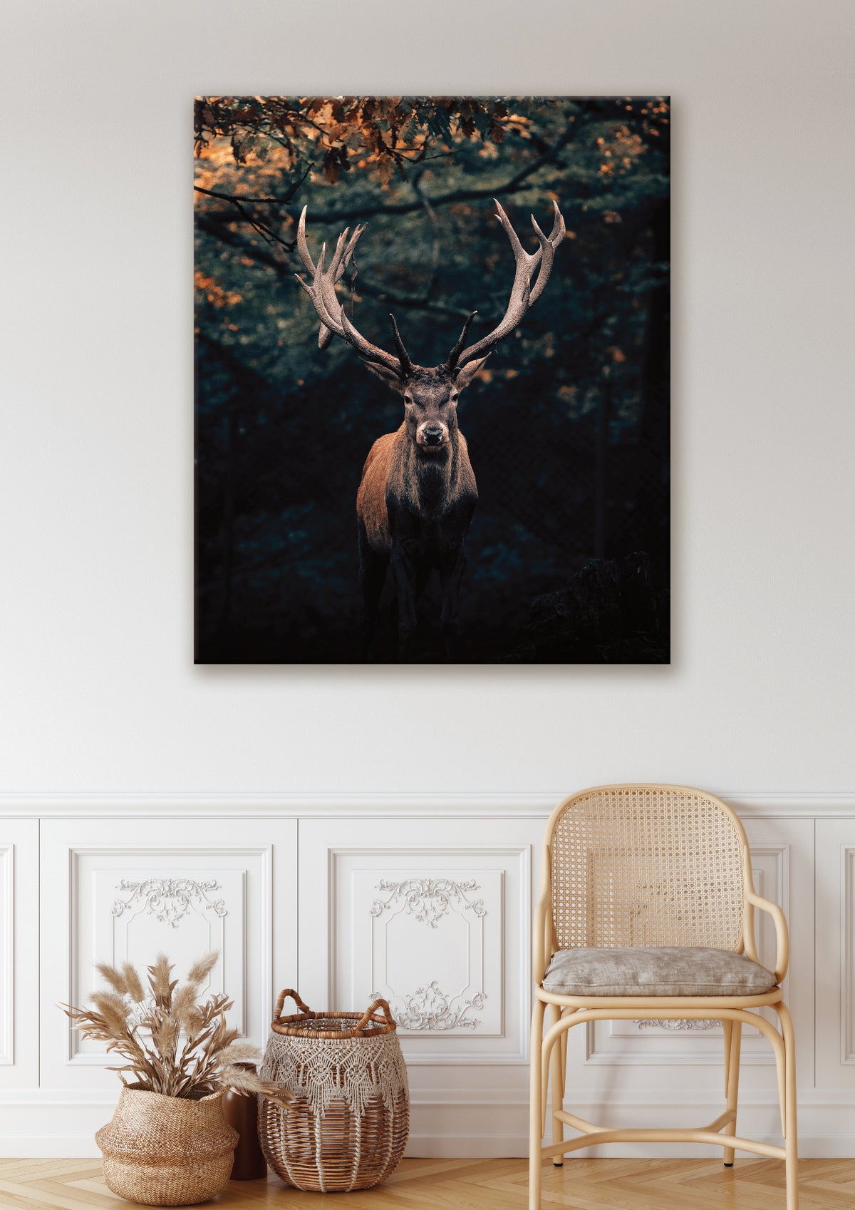 Wandbild HIRSCH IM WALD XXL 118x140 cm – Leinwandbild Keilrahmen Deko modern - Ambiente 1