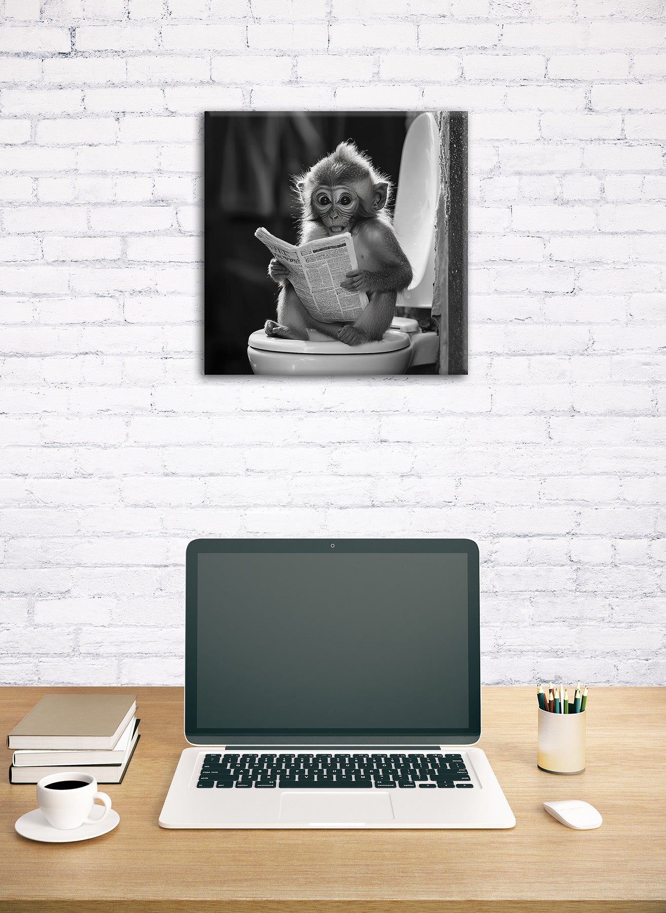 Wandbild AFFE BEIM GESCHÄFT 35x35 cm – Leinwandbild Keilrahmen Deko modern - Ambiente 1