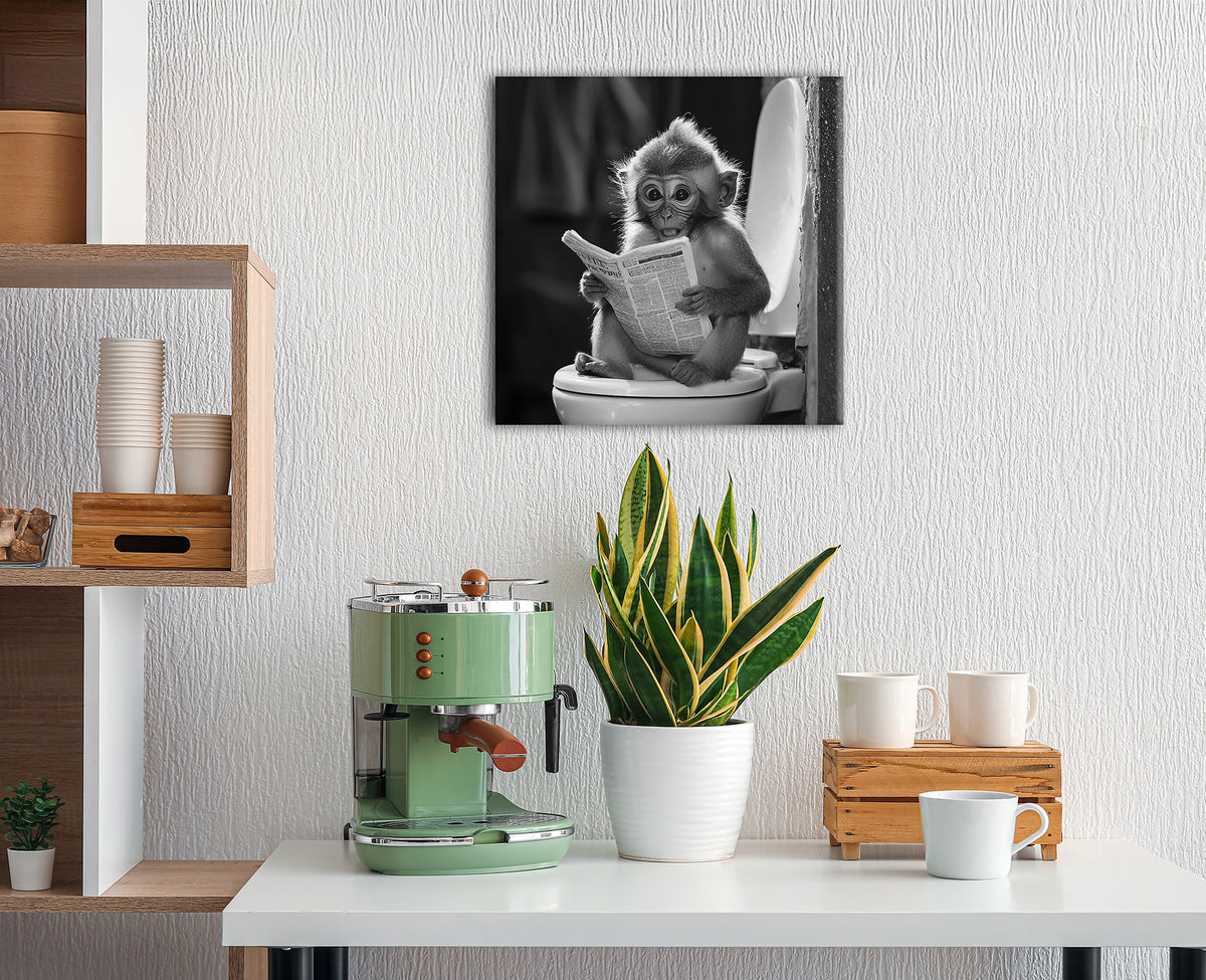 Wandbild AFFE BEIM GESCHÄFT 35x35 cm – Leinwandbild Keilrahmen Deko modern - Ambiente 2