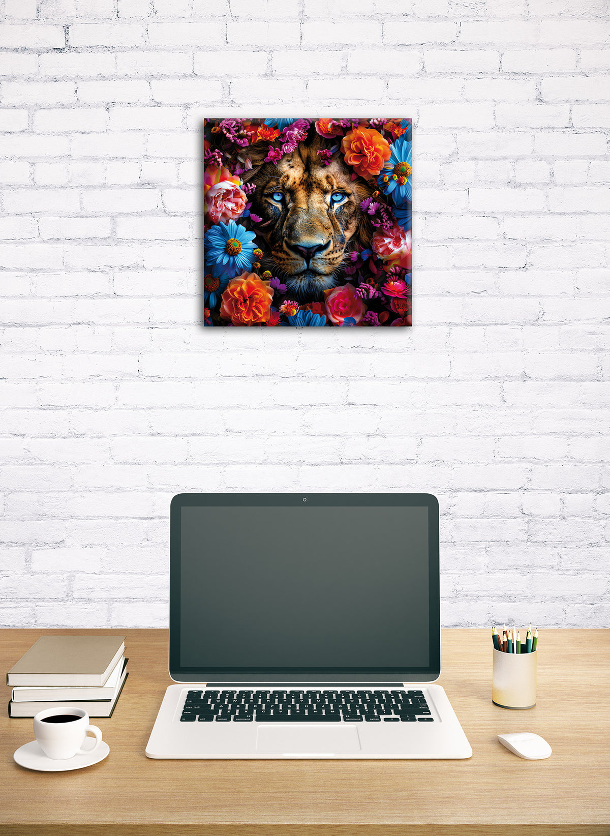 Wandbild LÖWE MIT BUNTEN BLUMEN 35x35 cm – Leinwandbild Keilrahmen Deko modern - Ambiente 1