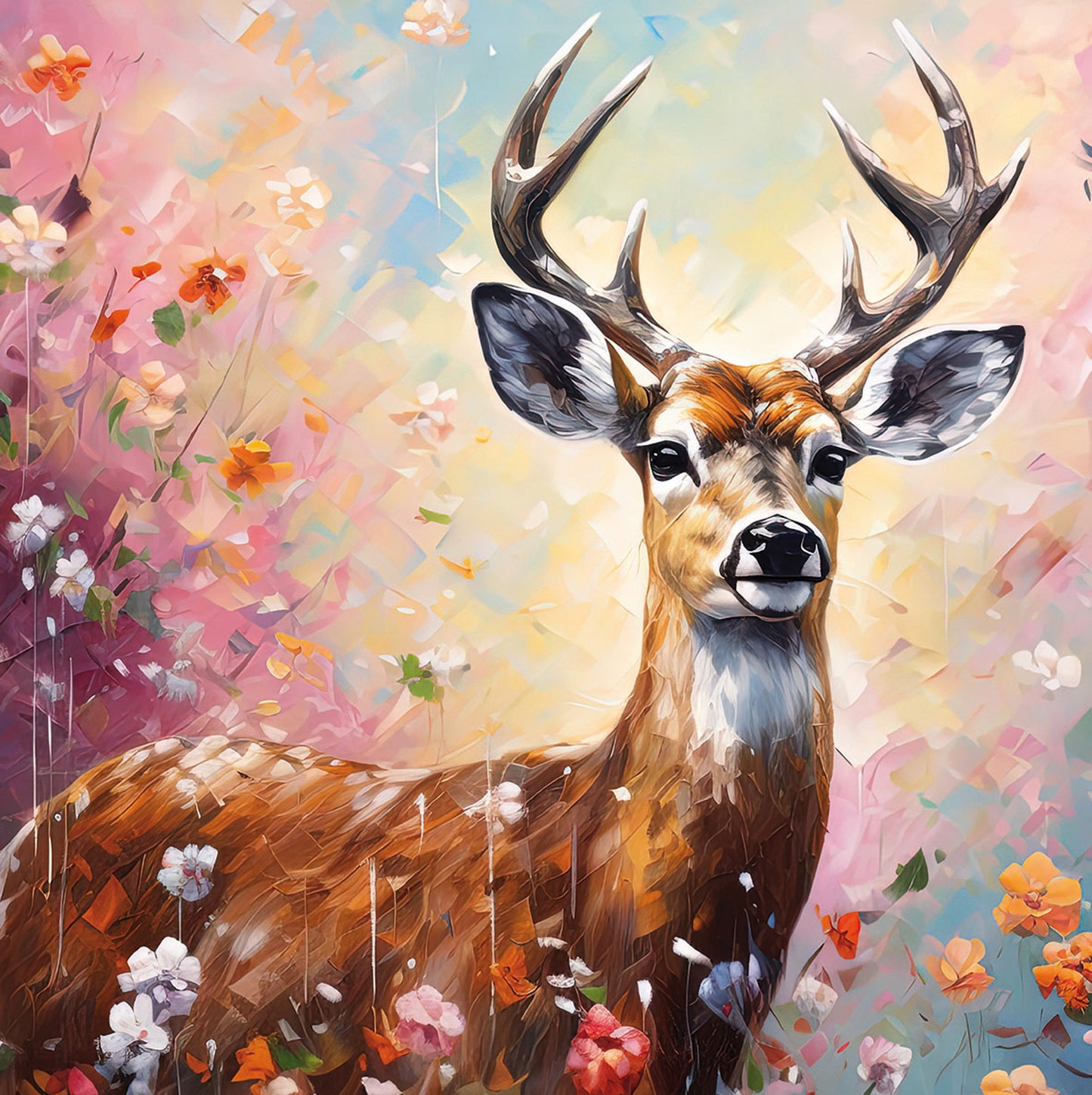 Wandbild HIRSCH MIT BLUMEN 35x35 cm – Leinwandbild Keilrahmen Deko modern