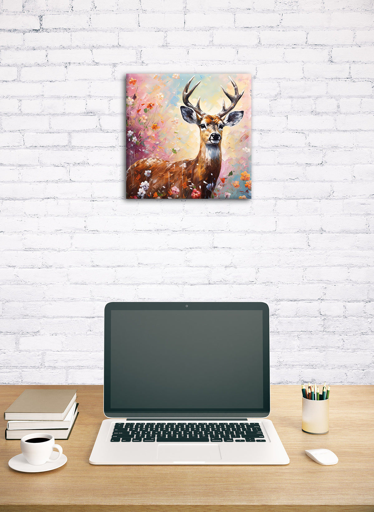 Wandbild HIRSCH MIT BLUMEN 35x35 cm – Leinwandbild Keilrahmen Deko modern - Ambiente 1