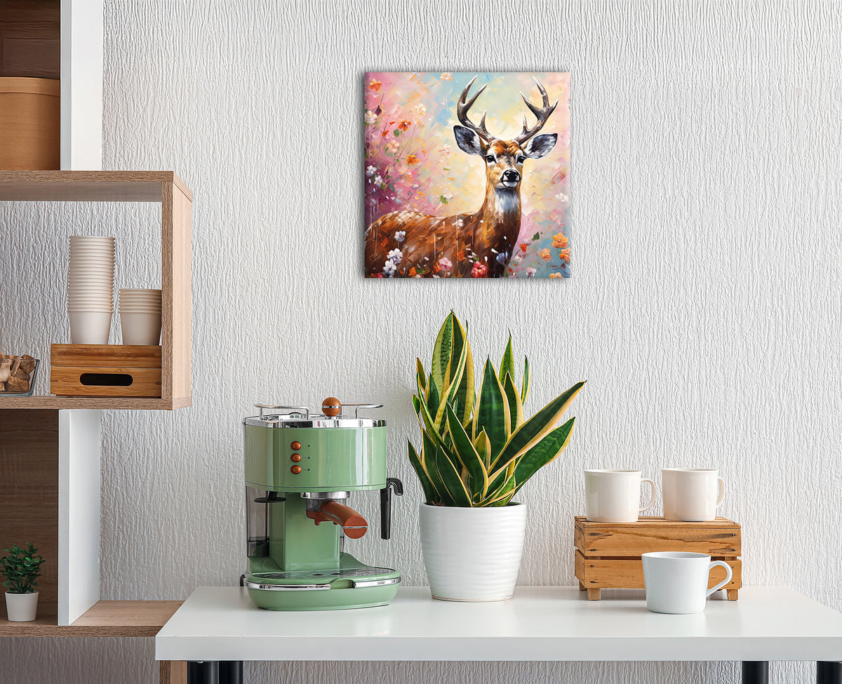 Wandbild HIRSCH MIT BLUMEN 35x35 cm – Leinwandbild Keilrahmen Deko modern - Ambiente 2