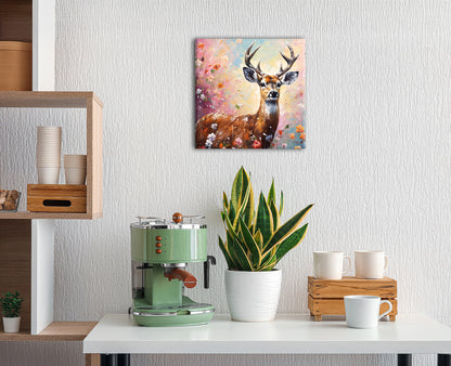 Wandbild HIRSCH MIT BLUMEN 35x35 cm – Leinwandbild Keilrahmen Deko modern - Ambiente 2