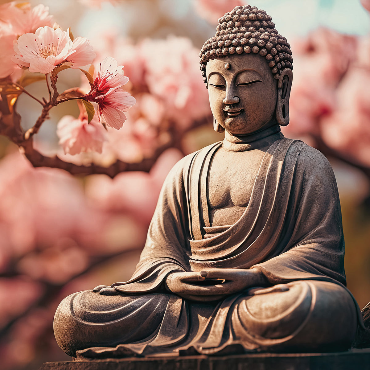 Wandbild BUDDHA VOR SAKURA 35x35 cm – Leinwandbild Keilrahmen Deko modern