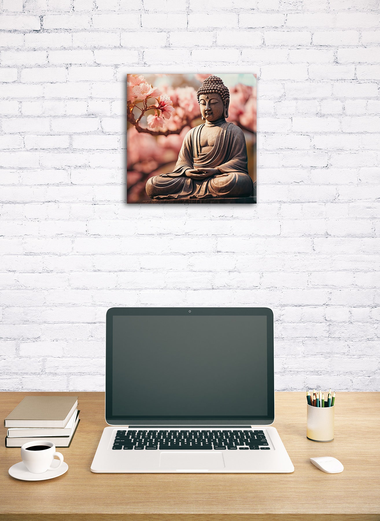 Wandbild BUDDHA VOR SAKURA 35x35 cm – Leinwandbild Keilrahmen Deko modern - Ambiente 1