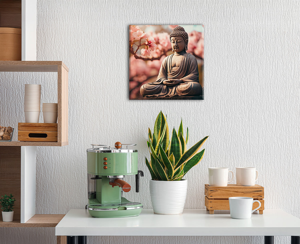 Wandbild BUDDHA VOR SAKURA 35x35 cm – Leinwandbild Keilrahmen Deko modern - Ambiente 2