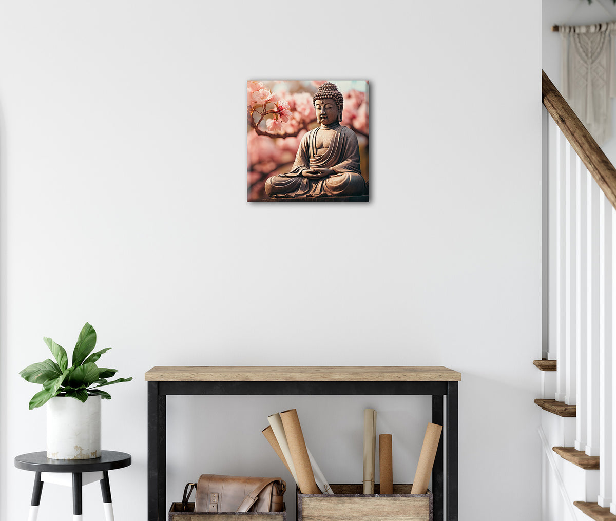 Wandbild BUDDHA VOR SAKURA 35x35 cm – Leinwandbild Keilrahmen Deko modern - Ambiente 3