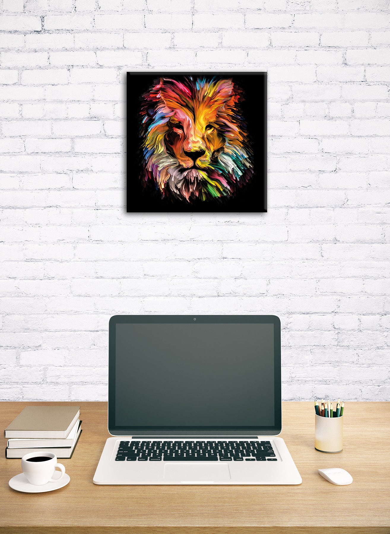 Wandbild BUNTER LÖWENKOPF 35x35 cm – Leinwandbild Keilrahmen Deko modern - Ambiente 1