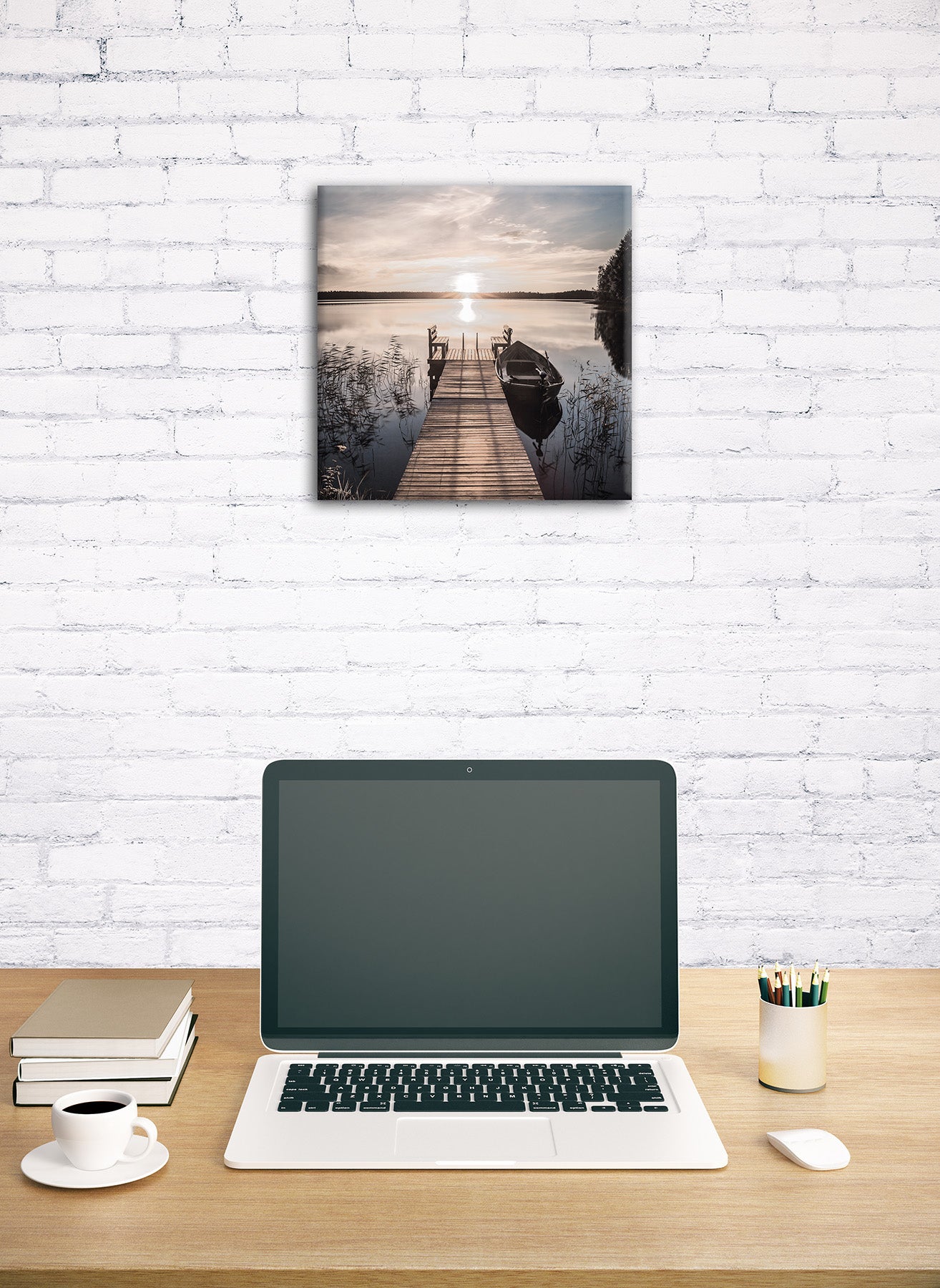 Wandbild STEG MIT BOOT 35x35 cm – Leinwandbild Keilrahmen Deko modern - Ambiente 1