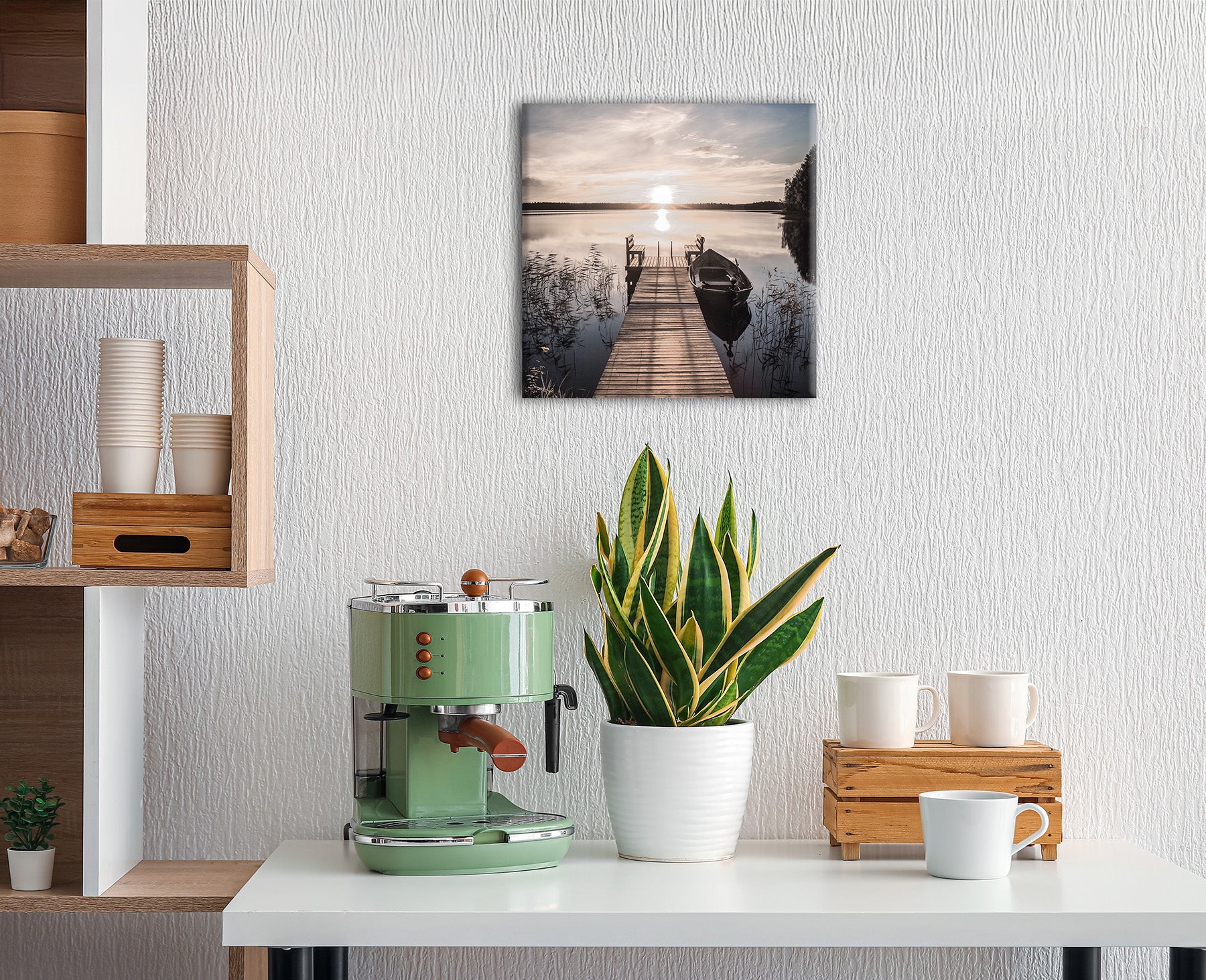 Wandbild STEG MIT BOOT 35x35 cm – Leinwandbild Keilrahmen Deko modern - Ambiente 2