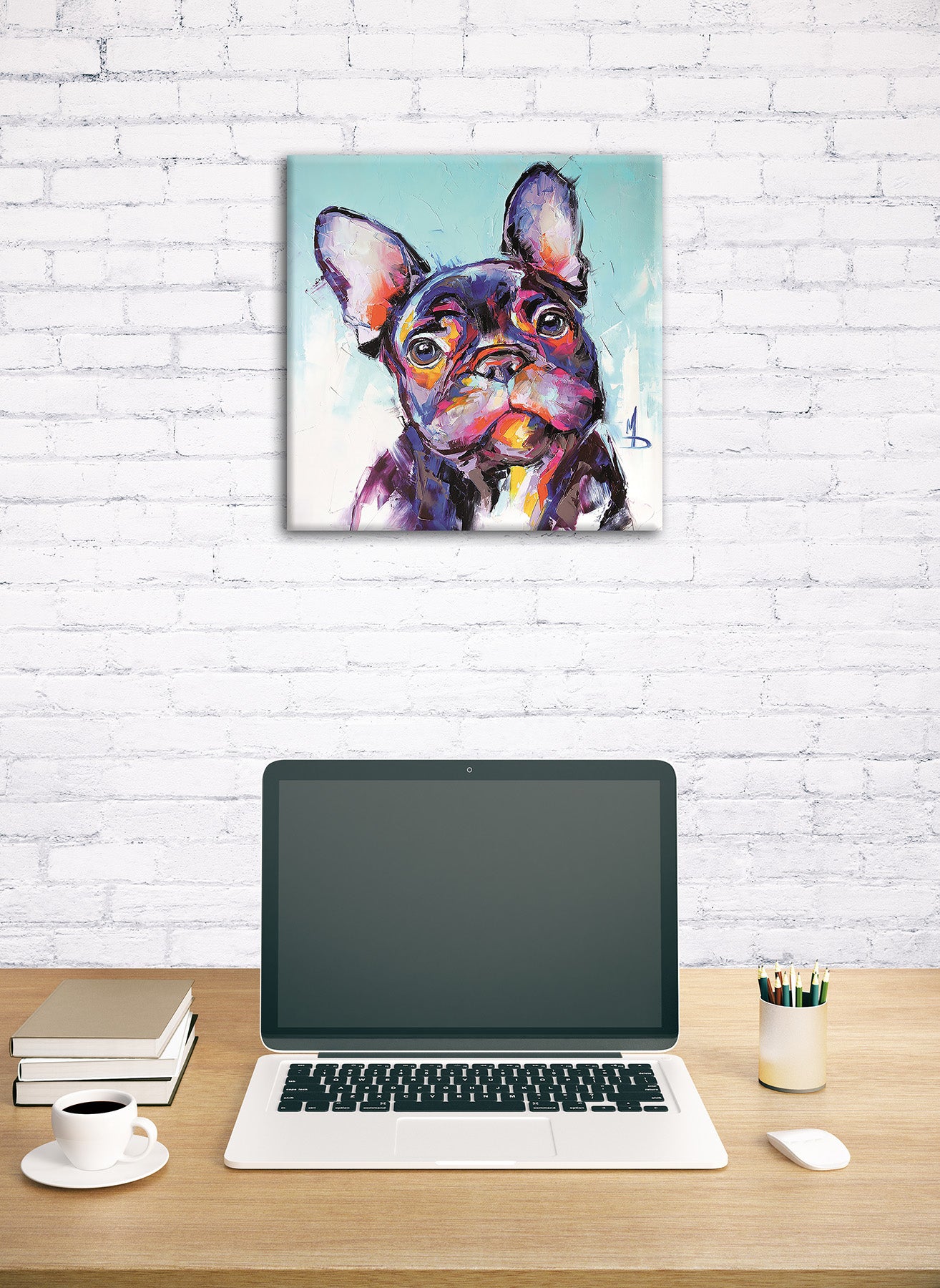 Wandbild FRENCHIE 35x35 cm – Leinwandbild Keilrahmen Deko modern - Ambiente 1