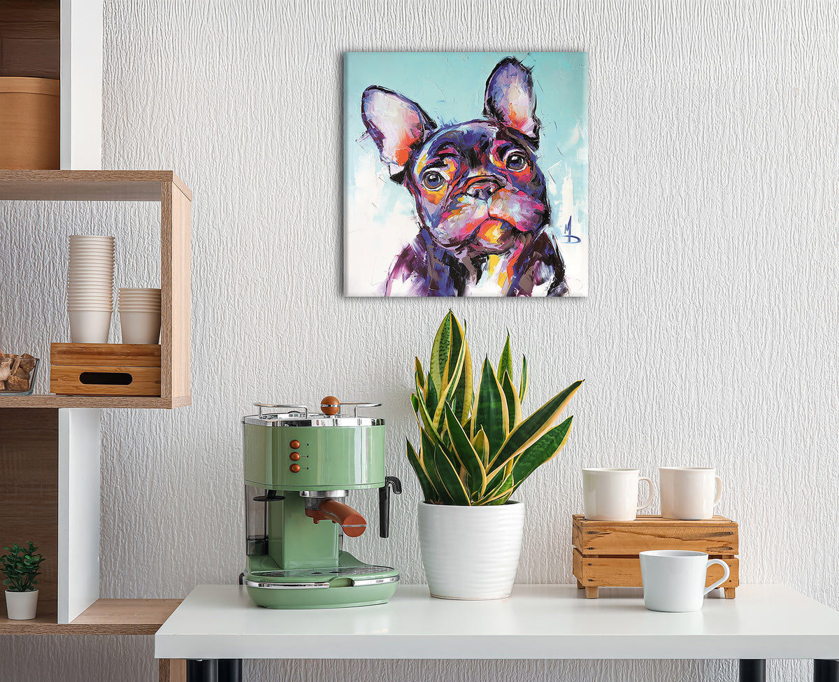 Wandbild FRENCHIE 35x35 cm – Leinwandbild Keilrahmen Deko modern - Ambiente 2
