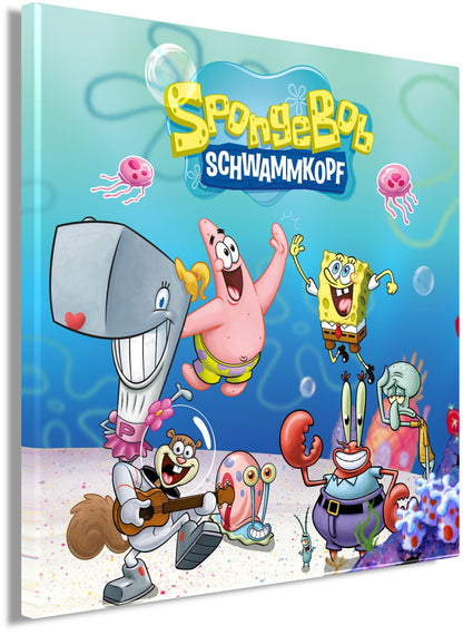 Wandbild SPONGEBOB GRUPPE 35x35 cm – Leinwandbild Keilrahmen Deko modern - Seitenansicht