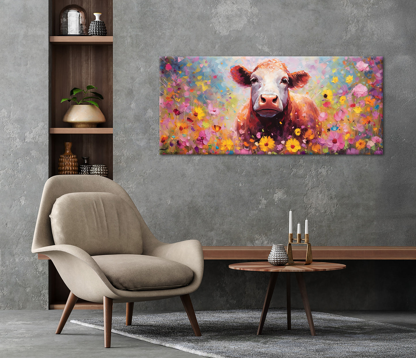 Wandbild BUNTE KUH 60x140 cm – Leinwandbild Keilrahmen Deko modern - Ambiente 2