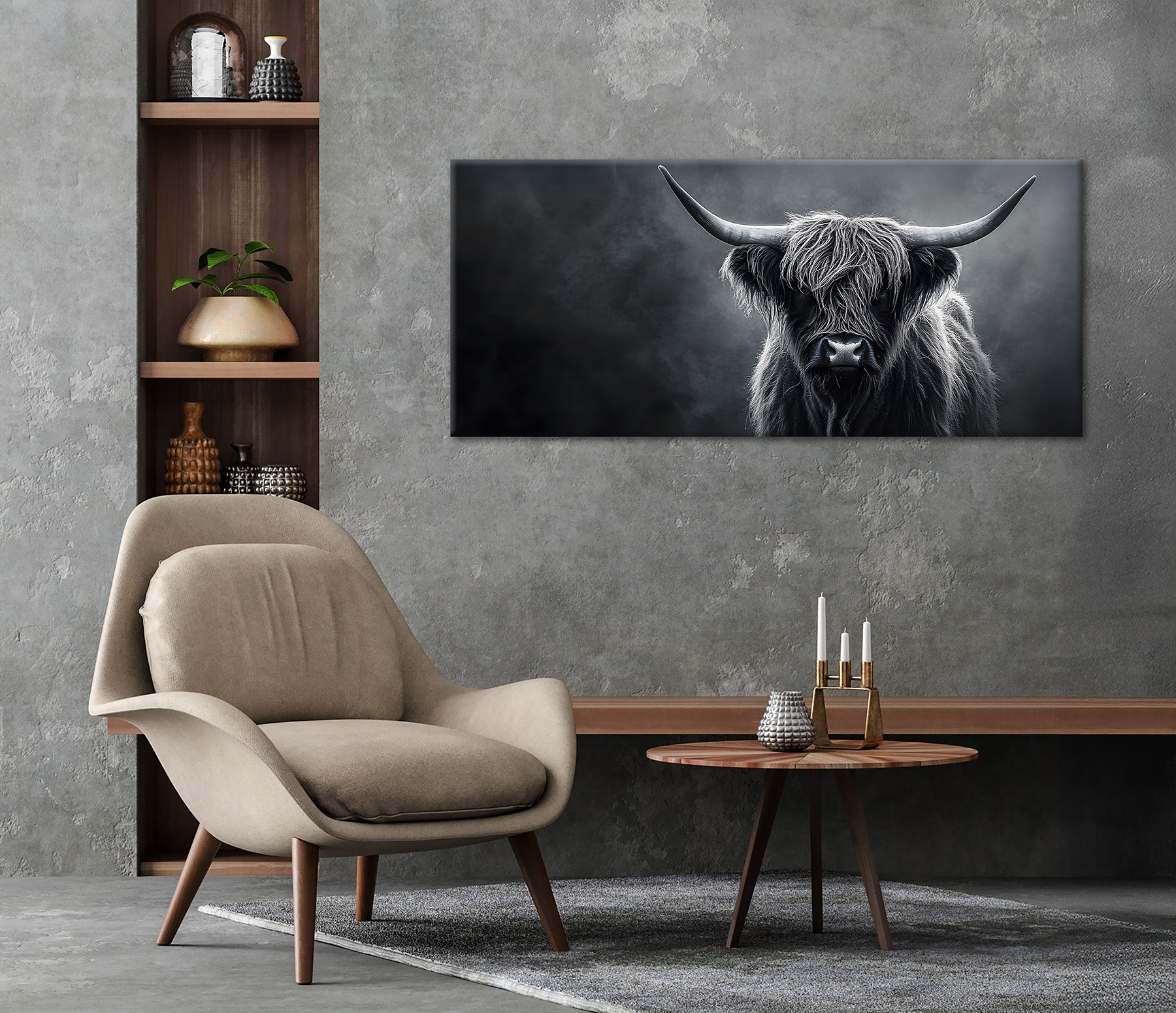 Wandbild HOCHLANDRIND XXL 60x140 cm – Leinwandbild Keilrahmen Deko modern - Ambiente 2