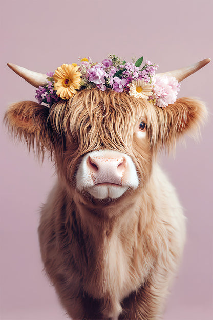 Wandbild KUH MIT BLUMENKRANZ 60x90 cm – Leinwandbild Keilrahmen Deko modern