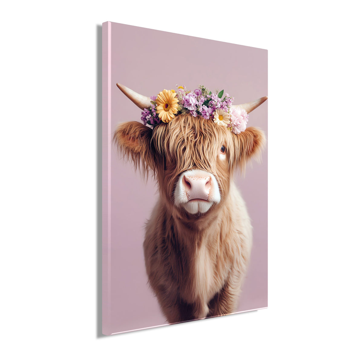 Wandbild KUH MIT BLUMENKRANZ 60x90 cm – Leinwandbild Keilrahmen Deko modern - Seitenansicht