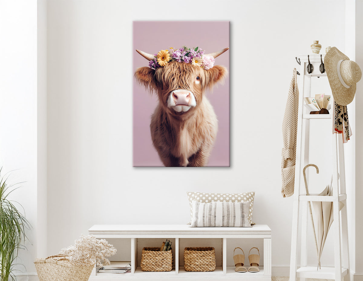 Wandbild KUH MIT BLUMENKRANZ 60x90 cm – Leinwandbild Keilrahmen Deko modern - Ambiente 1
