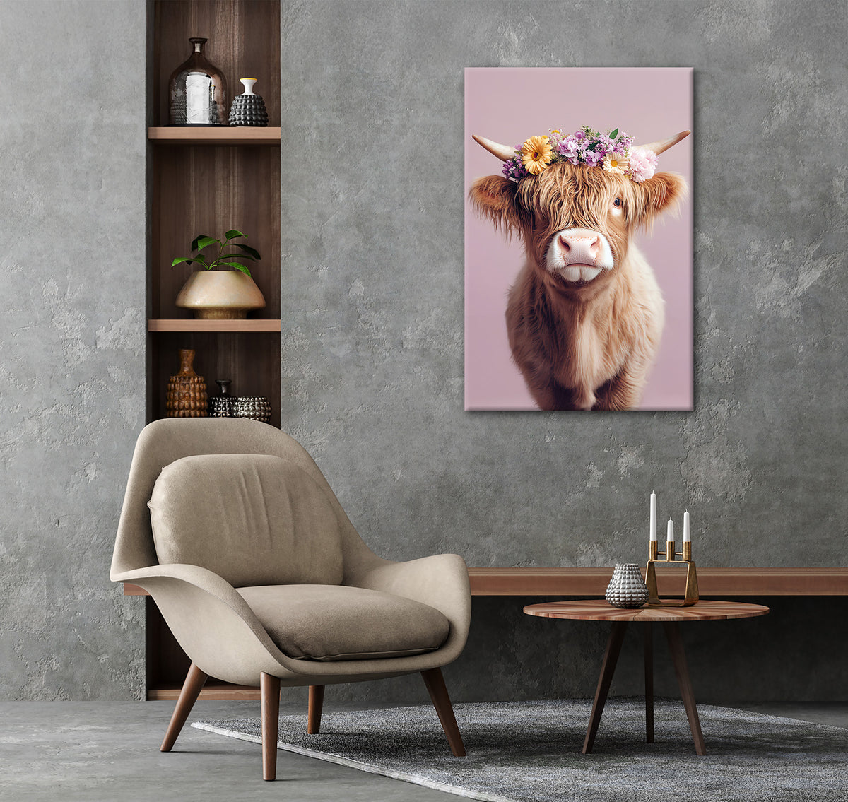 Wandbild KUH MIT BLUMENKRANZ 60x90 cm – Leinwandbild Keilrahmen Deko modern - Ambiente 3