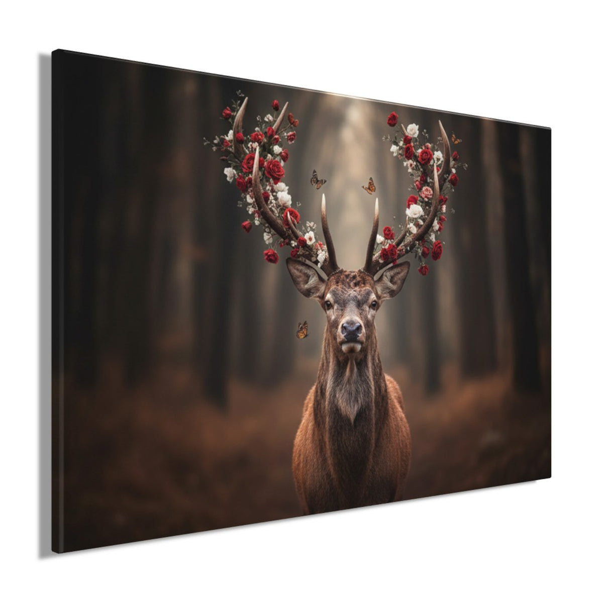 Wandbild HIRSCH MIT BLUMEN 60x90 cm – Leinwandbild Keilrahmen Deko modern - Seitenansicht