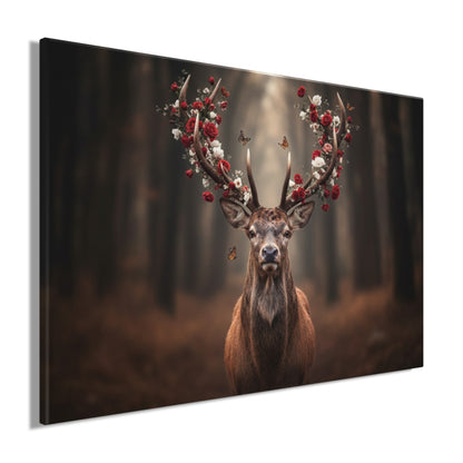 Wandbild HIRSCH MIT BLUMEN 60x90 cm – Leinwandbild Keilrahmen Deko modern - Seitenansicht