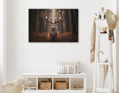 Wandbild HIRSCH MIT BLUMEN 60x90 cm – Leinwandbild Keilrahmen Deko modern - Ambiente 1
