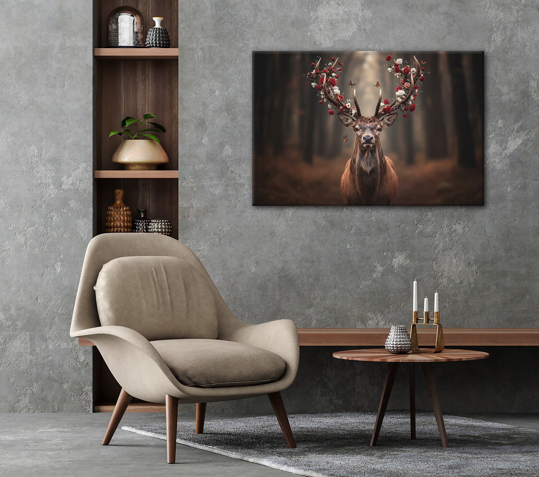 Wandbild HIRSCH MIT BLUMEN 60x90 cm – Leinwandbild Keilrahmen Deko modern - Ambiente 3