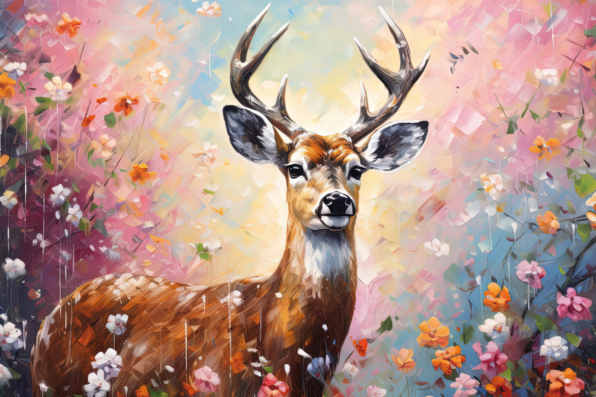 Wandbild HIRSCH IN BLUMEN 60x90 cm – Leinwandbild Keilrahmen Deko modern
