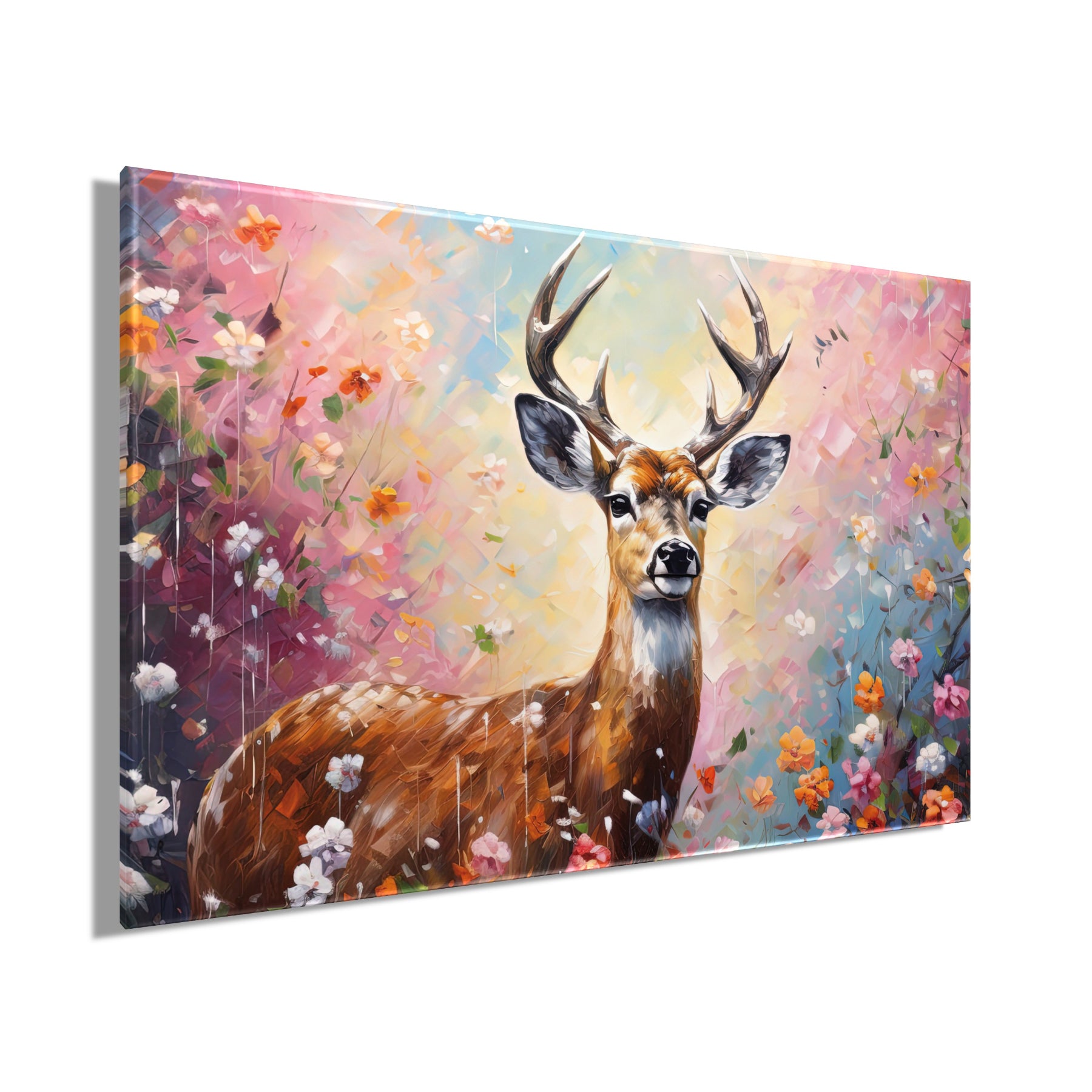 Wandbild HIRSCH IN BLUMEN 60x90 cm – Leinwandbild Keilrahmen Deko modern - Seitenansicht