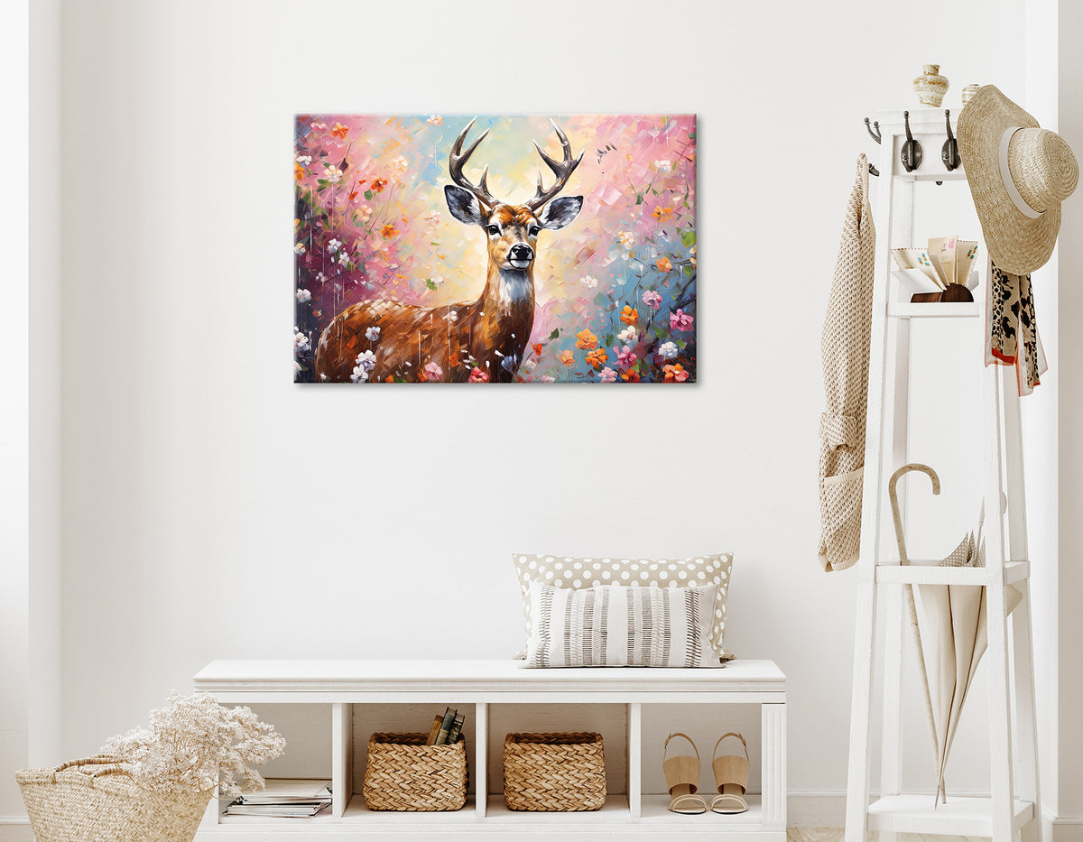 Wandbild HIRSCH IN BLUMEN 60x90 cm – Leinwandbild Keilrahmen Deko modern - Ambiente 1