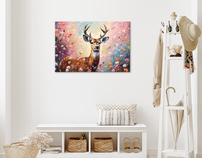 Wandbild HIRSCH IN BLUMEN 60x90 cm – Leinwandbild Keilrahmen Deko modern - Ambiente 1