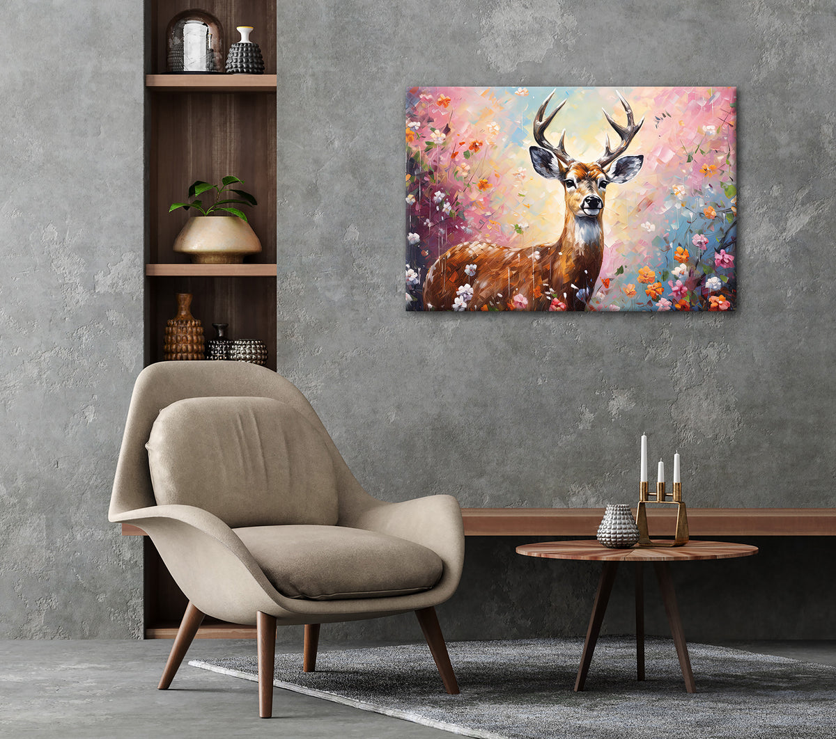 Wandbild HIRSCH IN BLUMEN 60x90 cm – Leinwandbild Keilrahmen Deko modern - Ambiente 2